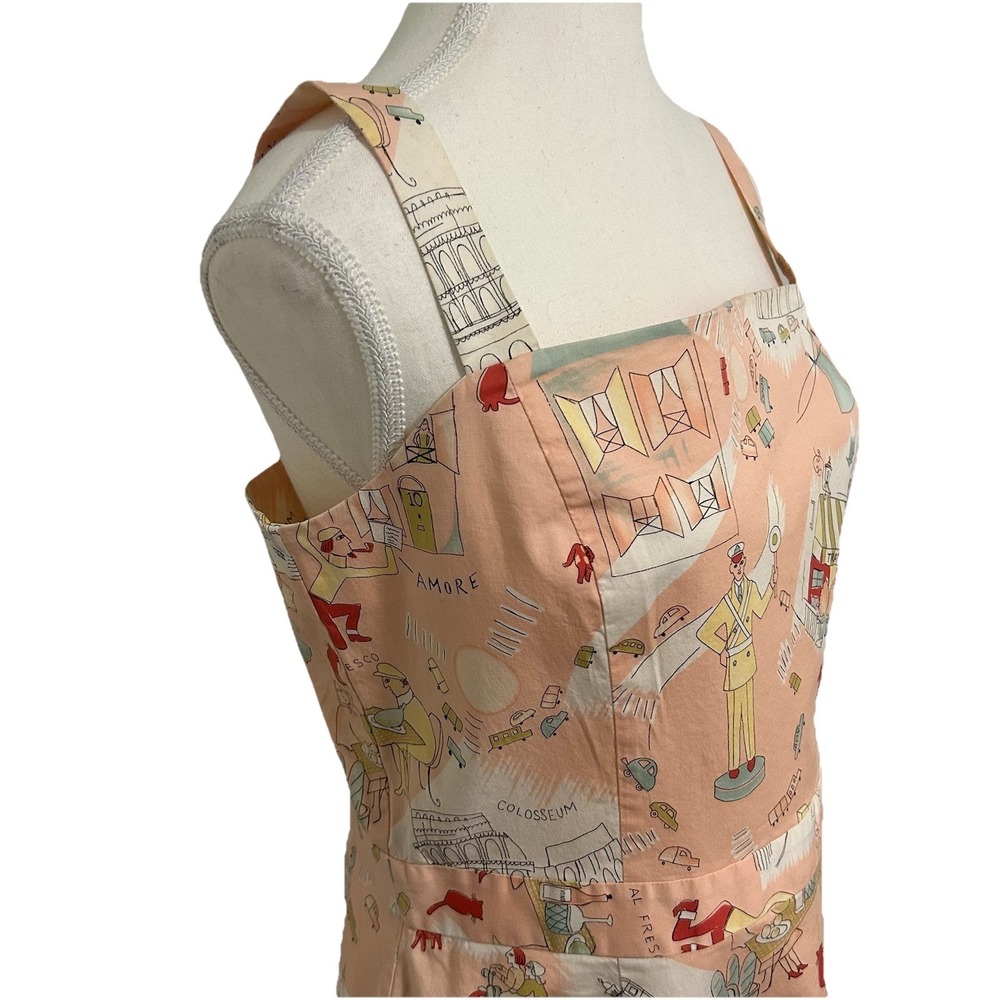 Tori Richard Rome Italy Novelty Print Sheath Dress Peach Cotton Blend Size 12 - Picture 4 of 8